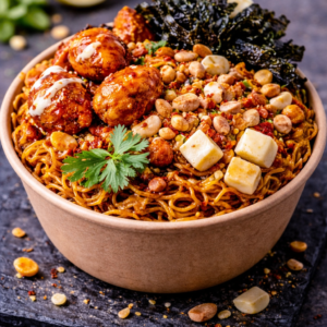 Mì xào cay với gà giòn